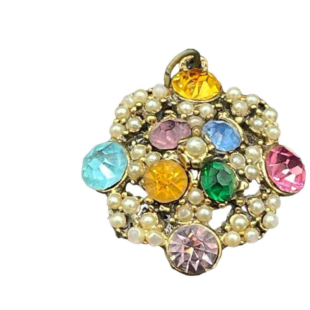Vintage Multicolor Czech Glass Rhinestone Pendant costume jewelry Seed Pearl